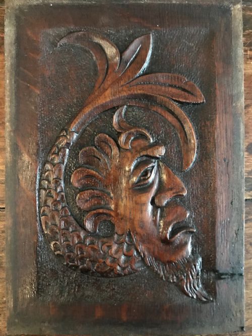 Rare 17th Century Carved Oak Mythical Merman Panel