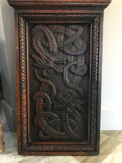 Victorian Celtic Dragon and Snakes Carved Oak Panel
