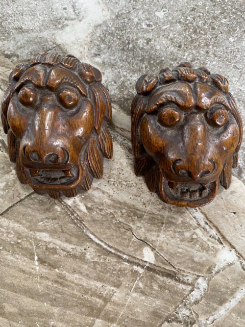 Antique Carved Oak Mythical Lion Heads
