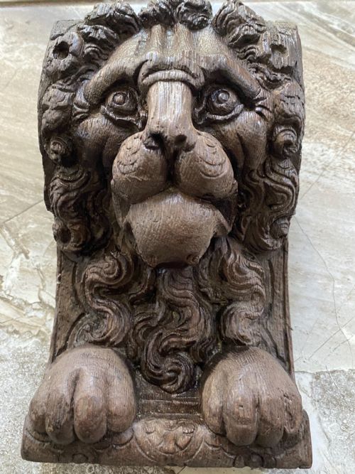 Large 19th Century Carved Oak Lion Corbel Carving