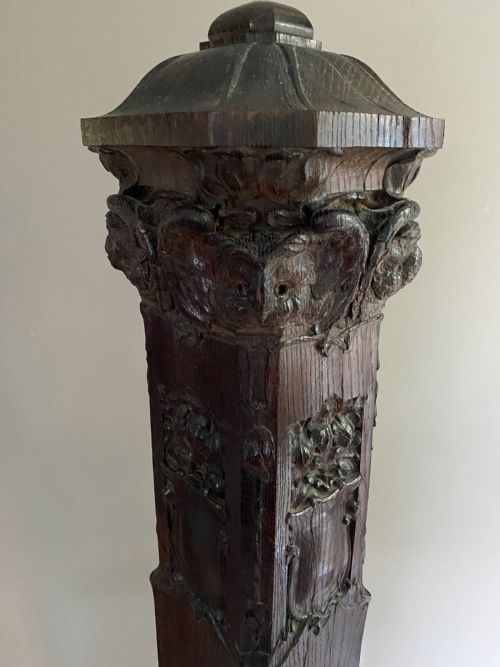 Rare Art Nouveau Carved Oak Newel Post Owls and Cartouches