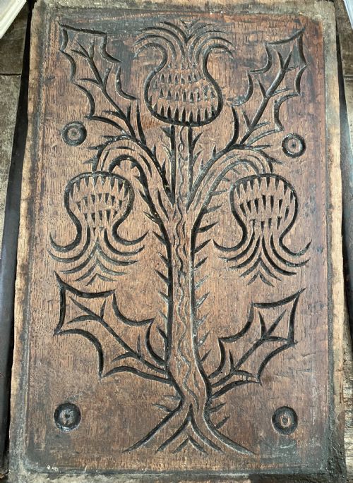 17th Century Carved Oak Scottish Thorned Thistle Panel.