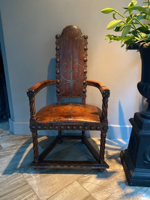 19th Century Painted Leather Caqueteuse Gothic Oak Chair