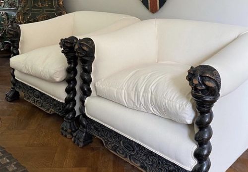 19th Century Carved Oak Mythical Lion Head Armchairs