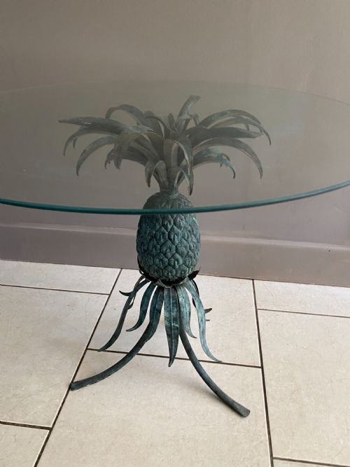 Rare Antique Verdigris Pineapple Glass Coffee Table