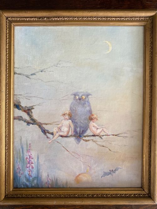 Arts Crafts Oil Painting Cherubs and Owls