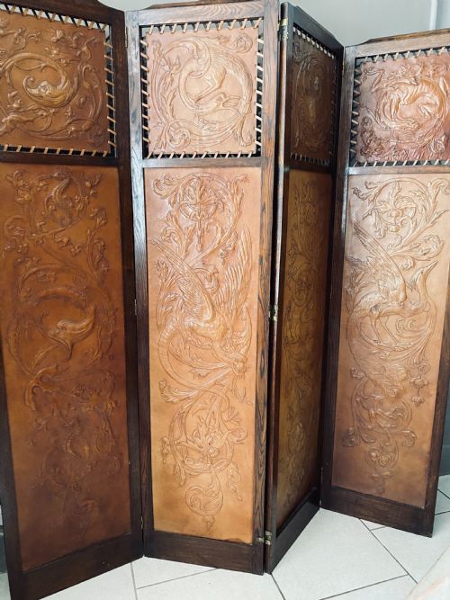 Arts & Crafts Embossed Birds and Dragons Leather Screen
