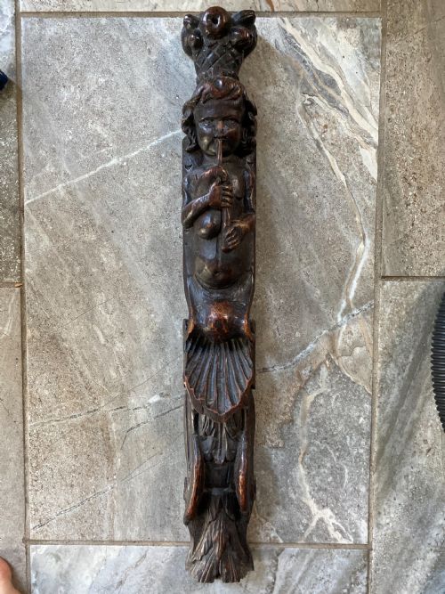Rare 17th Century Scottish Carved Oak Caryatid Playing Bagpipes
