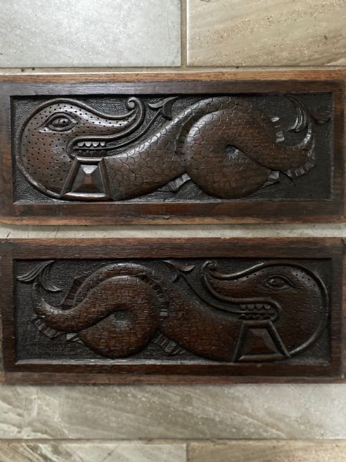 Pair 18th Century Carved Oak Dragon Panels