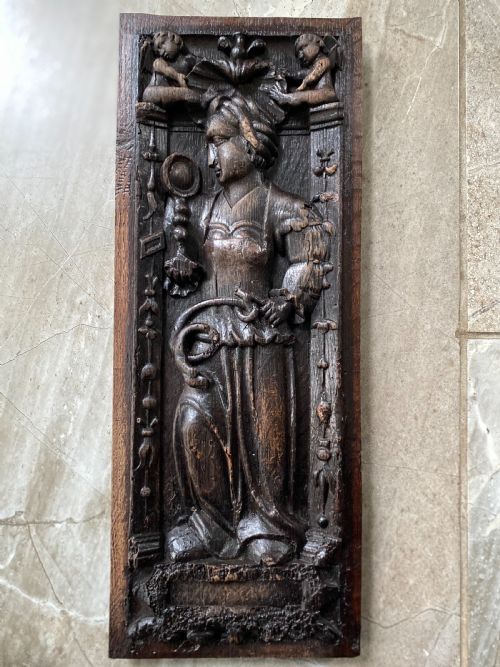 16th Century Carved Oak Panel Cardinal Virtue 'Prudence'