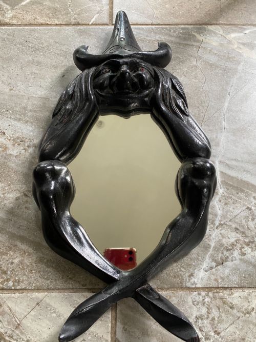 Rare 19th Century Carved Wooden Witches Mirror