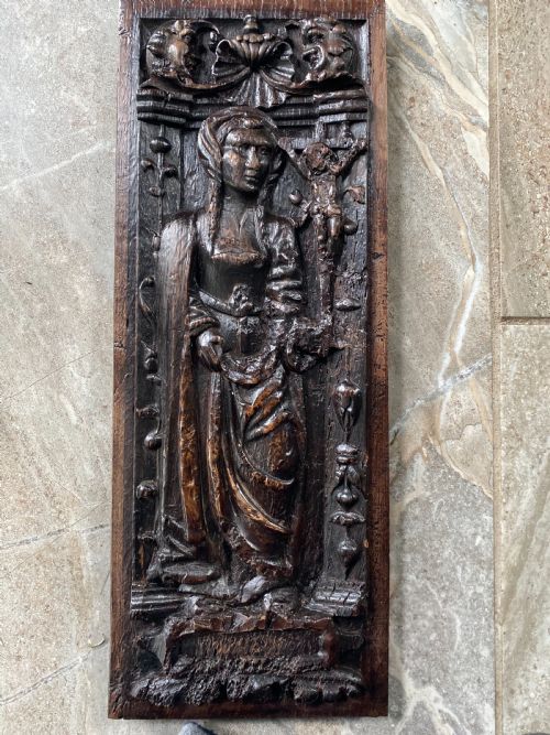 16th Century Carved Oak Gothic Cardinal Virtue Charity Panel