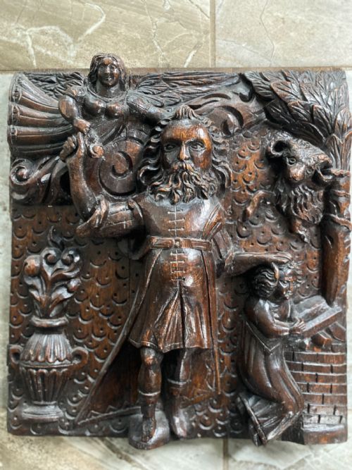 16th Century Deeply Carved Oak Panel Abraham & Isaac Angel