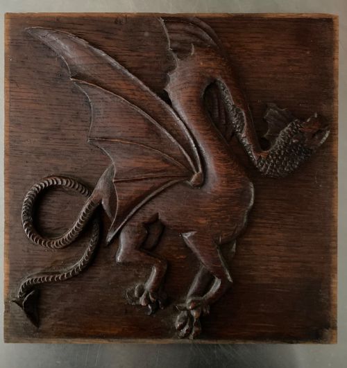 Arts & Crafts Carved Oak Dragon Panel