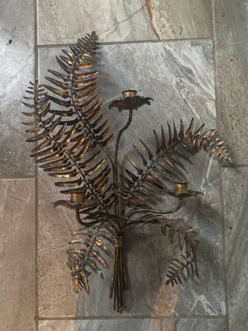 Vintage Toleware  Gilt Iron Sconce Fern Branches