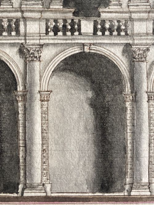 fig 1. Rare 17th Century Italian Barque Architectural Palazzo del Podesta Pen & Ink Painting