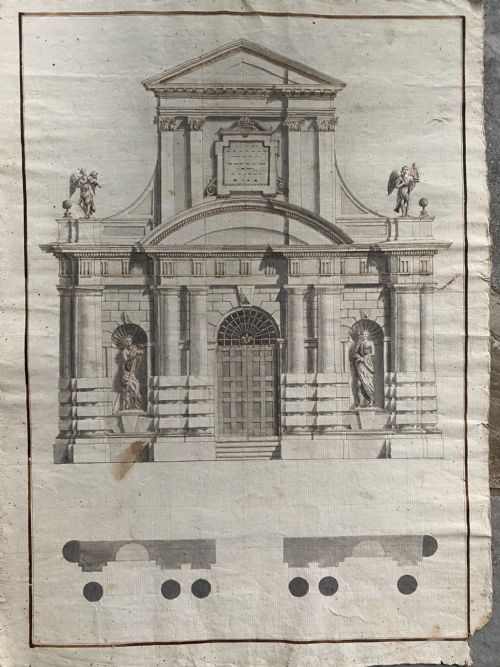 17th Century Baroque Italian Architectural Church Pen & Ink Wash Drawing