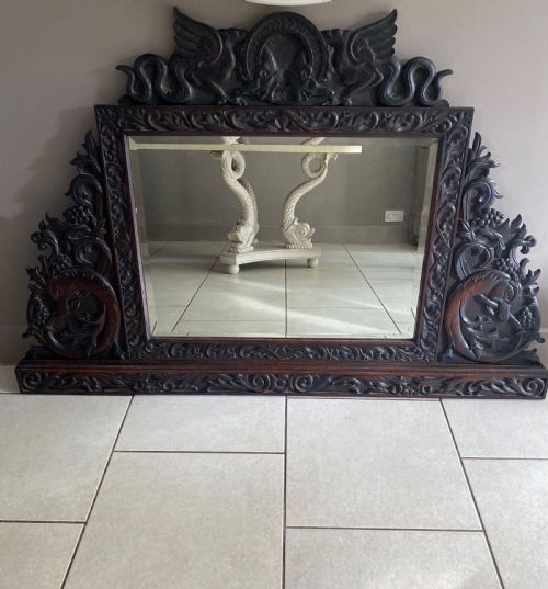 19th Century Carved Oak Mythical Ouroboros Snake Overmantel Mirror
