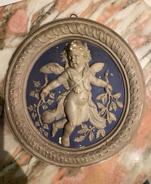 19th Century Plaster Plaque of a Winged Cherub