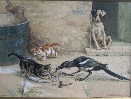 fig 1. RARE 19th Century Watercolour Dog and Cats Painting S T Dadd