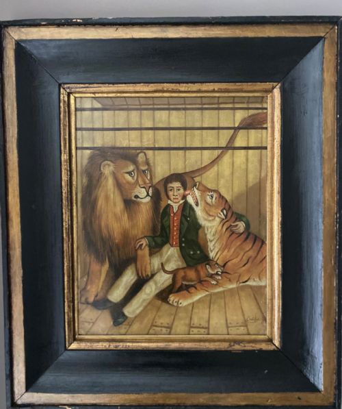 19th Century Folk Art Lions Den Royal Circus Oil Painting Signed