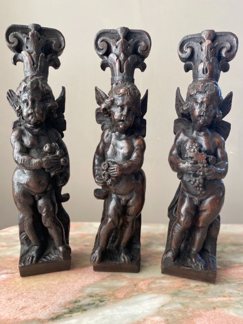 17th Century Carved Oak Caryatids Cherubs X 3