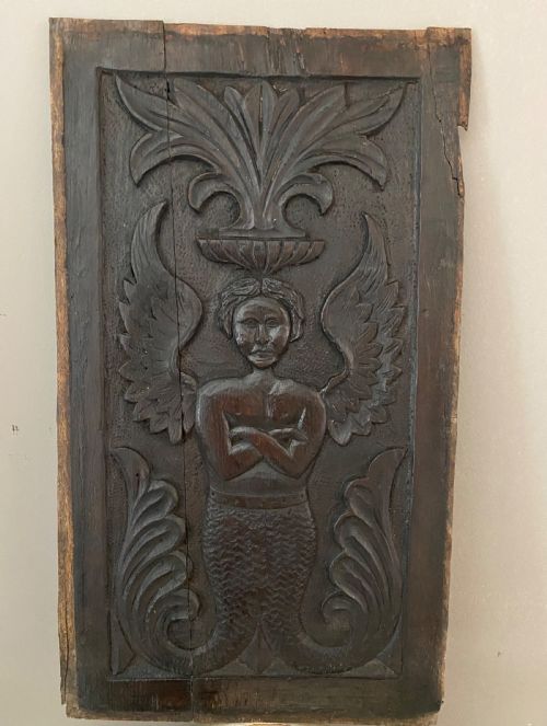 Early 19th Century Carved Oak Winged Mermaid Angel Panel
