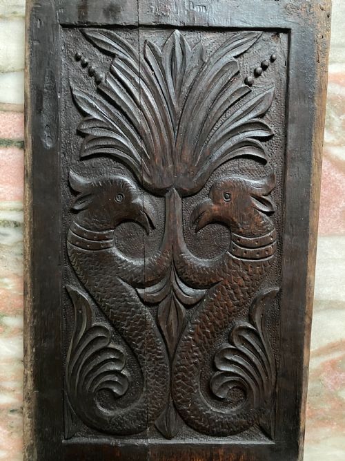 17th Century Carved Oak Mythical Serpent Panel.