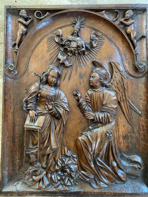 16th Century Deeply Carved Walnut Panel the Annunciation. 
