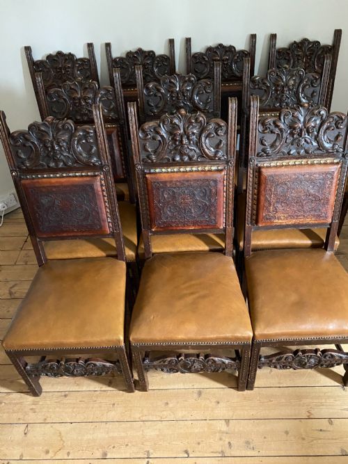 Bodelwyddan Castle 19th Century Carved Oak Green Man Carved Dining Chairs 10