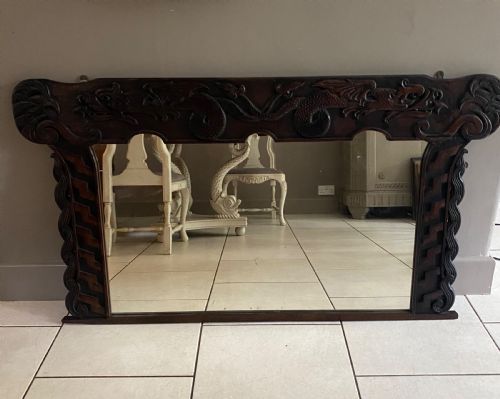 19th Century Carved Oak Celtic Overmantel Mirror Winged Griffins
