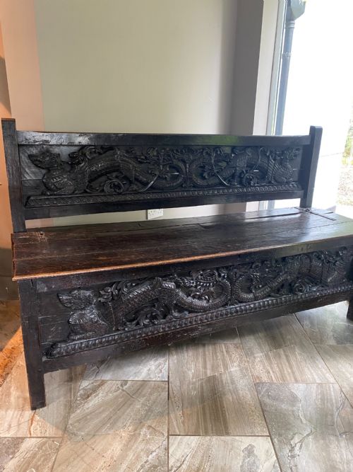 19th Century Large Oak Bench Coffer with Carved Dragons