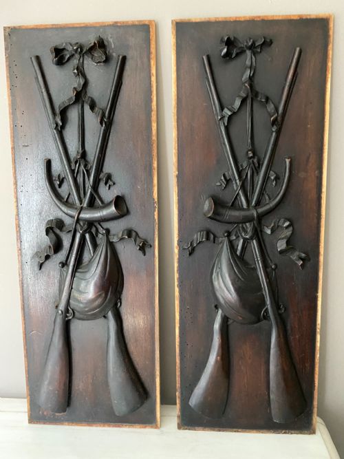 Antique 19th Century Carved Walnut Hunting Panels Gun