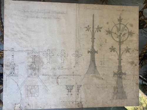 19th Century Arts Crafts Gothic Church Drawing Cross & Finial
