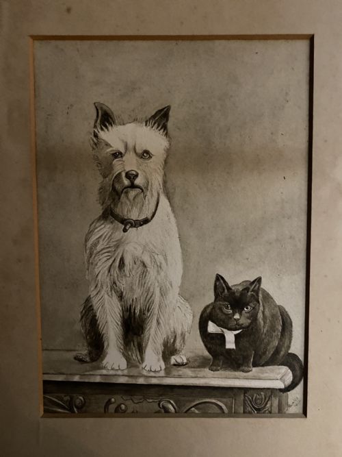 Charming Folk Art 19th Century Sepia  Watercolour Dog and Cat