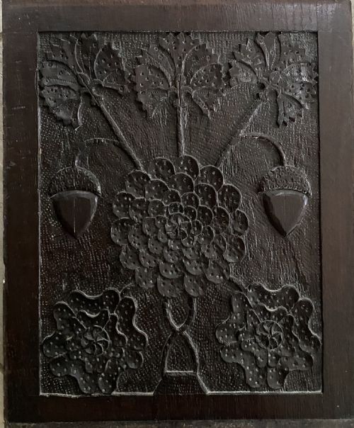 A Very Rare 17th Century Oak Panel Carved with Cornflower, Strawberries and Roses and Is Illustrated in R W Symonds
