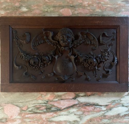Large 19th Century Carved Oak Panel Cherub and Garlands