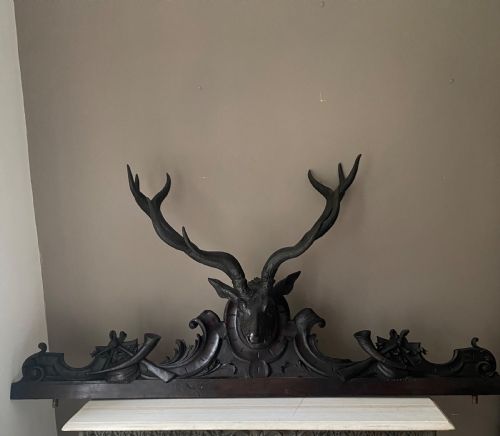 Black Forest Carved Walnut Large Stag Head Pediment Panel
