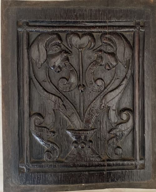 17th Century Carved Oak Male Mandrake and Love Apple Panel Witchcraft