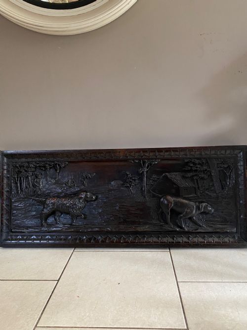 19th Century Carved Walnut Large Black Forest Hunting Dog Panel