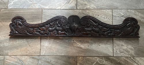 19th Century Carved Oak Pediment Peacocks and Mythical Dragons and Griffins Panel