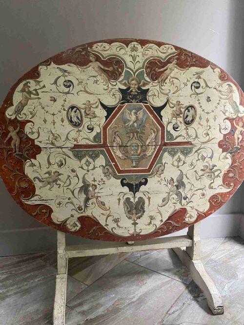 Rare 19th Century Wine Tasting Table Painted Renaissance Grotesque Cherubs
