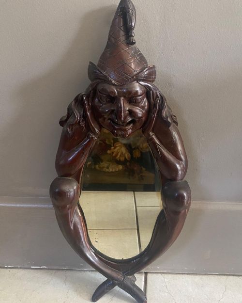 Antique Rare Carved Wooden Witches Mirror