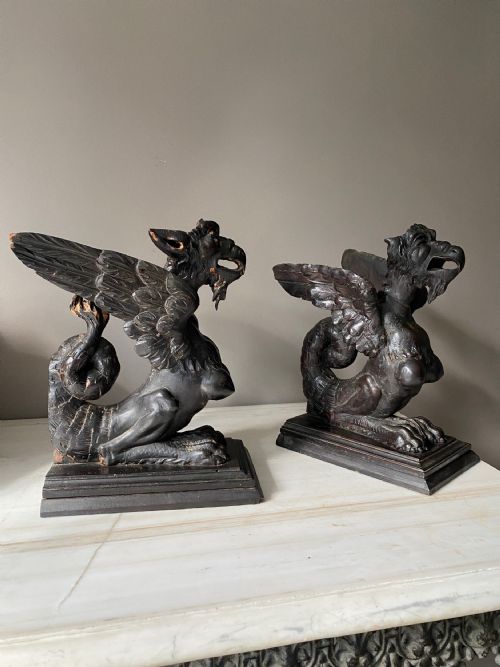 Large 18th Century Carved Walnut Winged Griffins Lion Paw Feet