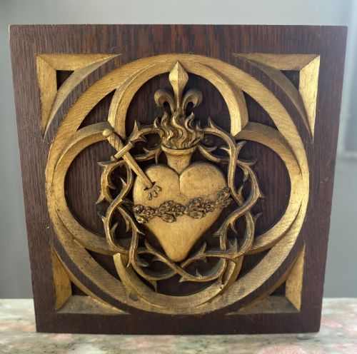 19th Century Carved Oak Sacred Heart Gilt Church Ceiling Panel