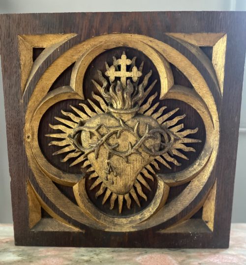 19th Century Gothic Carved Oak Sunburst Sacred Heart Church Ceiling Boss Panel