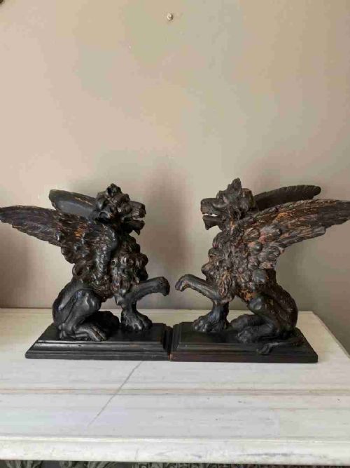 Large 19th Century Carved Walnut Winged Chimera's Lions