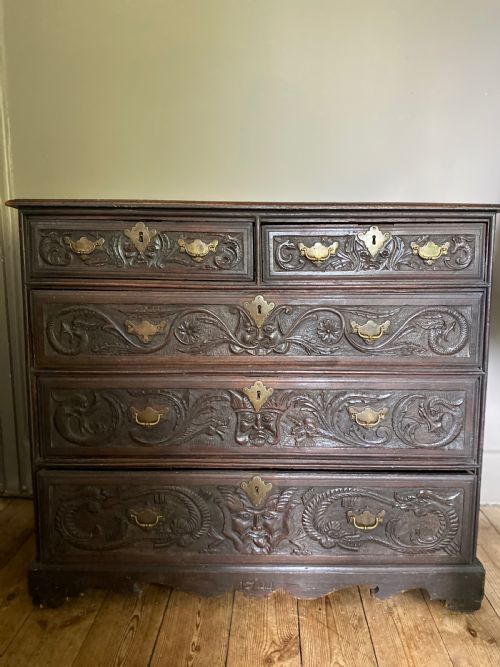 18th Century Dated 1744 Mythical Beast Carved Oak Chest of Drawers