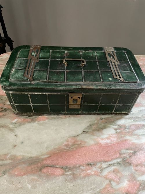 Art Nouveau Green Metal Box with Ceramic Liner