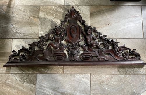 Large Carved Walnut 19th Century Mythical Cherub Overmantel / Overdoor